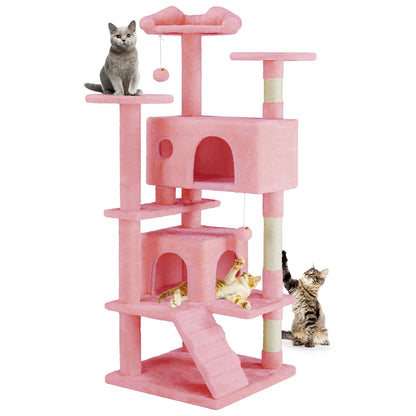 Cat Tree Tower for Indoor Cats, 54In Tall Multi-Level Pet Furniture, Stable Kitty Play House with Sisal Scratching Post, Large Condo, Climbing Ladder, Plush Toy for Kitten Cat Treehouse