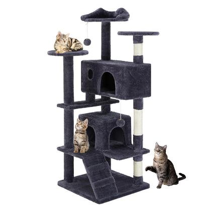 Cat Tree Tower for Indoor Cats, 54In Tall Multi-Level Pet Furniture, Stable Kitty Play House with Sisal Scratching Post, Large Condo, Climbing Ladder, Plush Toy for Kitten Cat Treehouse