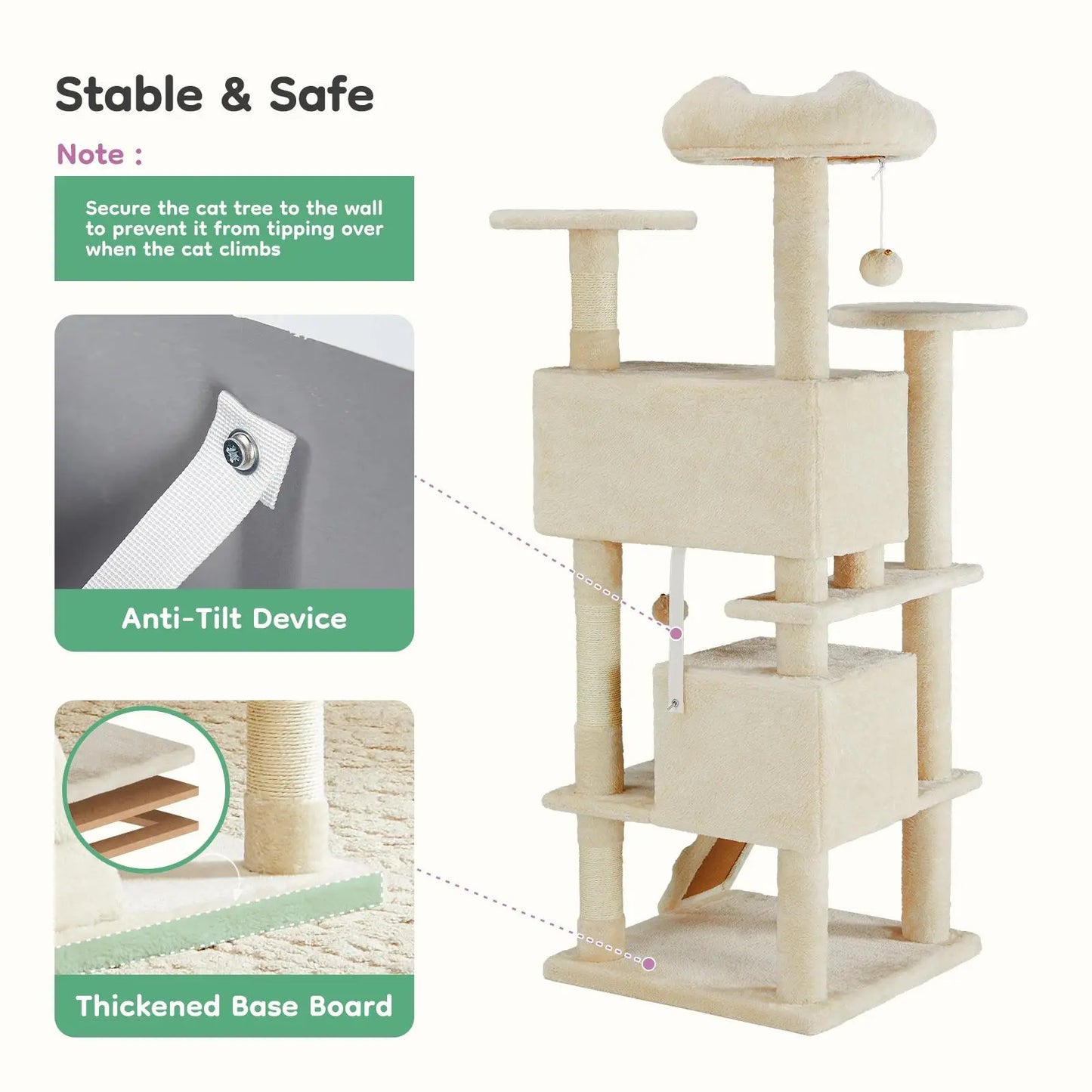 Cat Tree Tower for Indoor Cats, 54In Tall Multi-Level Pet Furniture, Stable Kitty Play House with Sisal Scratching Post, Large Condo, Climbing Ladder, Plush Toy for Kitten Cat Treehouse