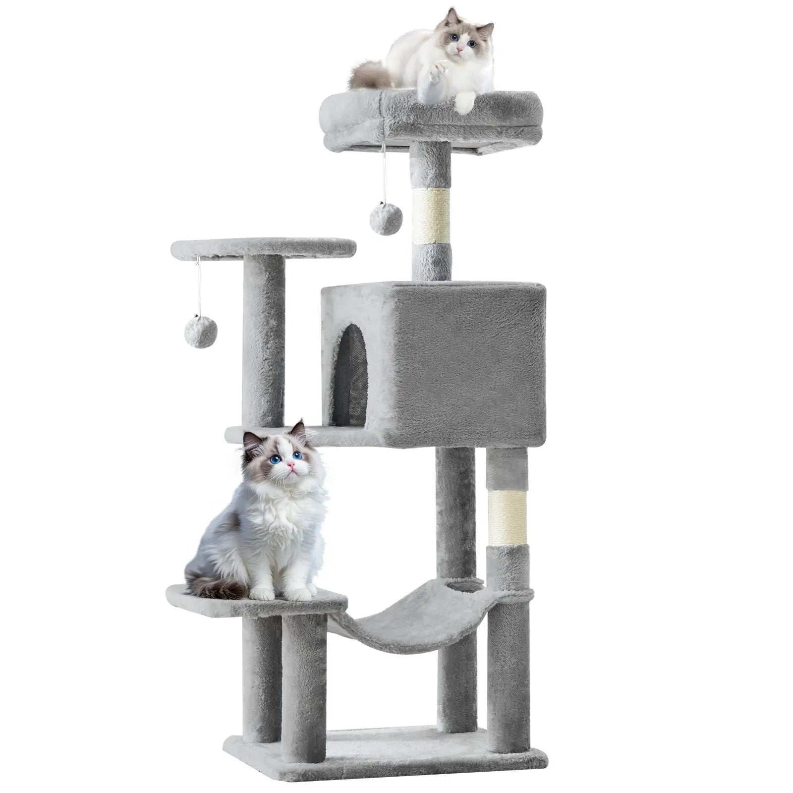 Cat Tree Tower for Indoor Cats, 54In Tall Multi-Level Pet Furniture, Stable Kitty Play House with Sisal Scratching Post, Large Condo, Climbing Ladder, Plush Toy for Kitten Cat Treehouse