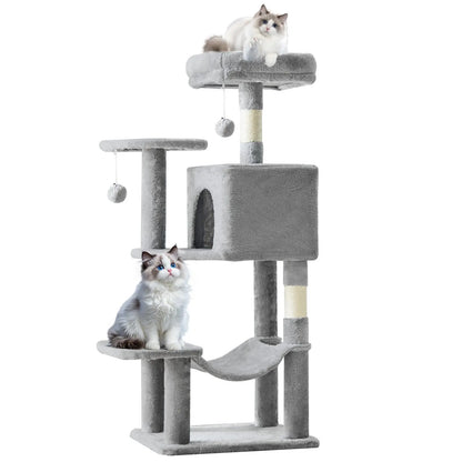 Cat Tree Tower for Indoor Cats, 54In Tall Multi-Level Pet Furniture, Stable Kitty Play House with Sisal Scratching Post, Large Condo, Climbing Ladder, Plush Toy for Kitten Cat Treehouse