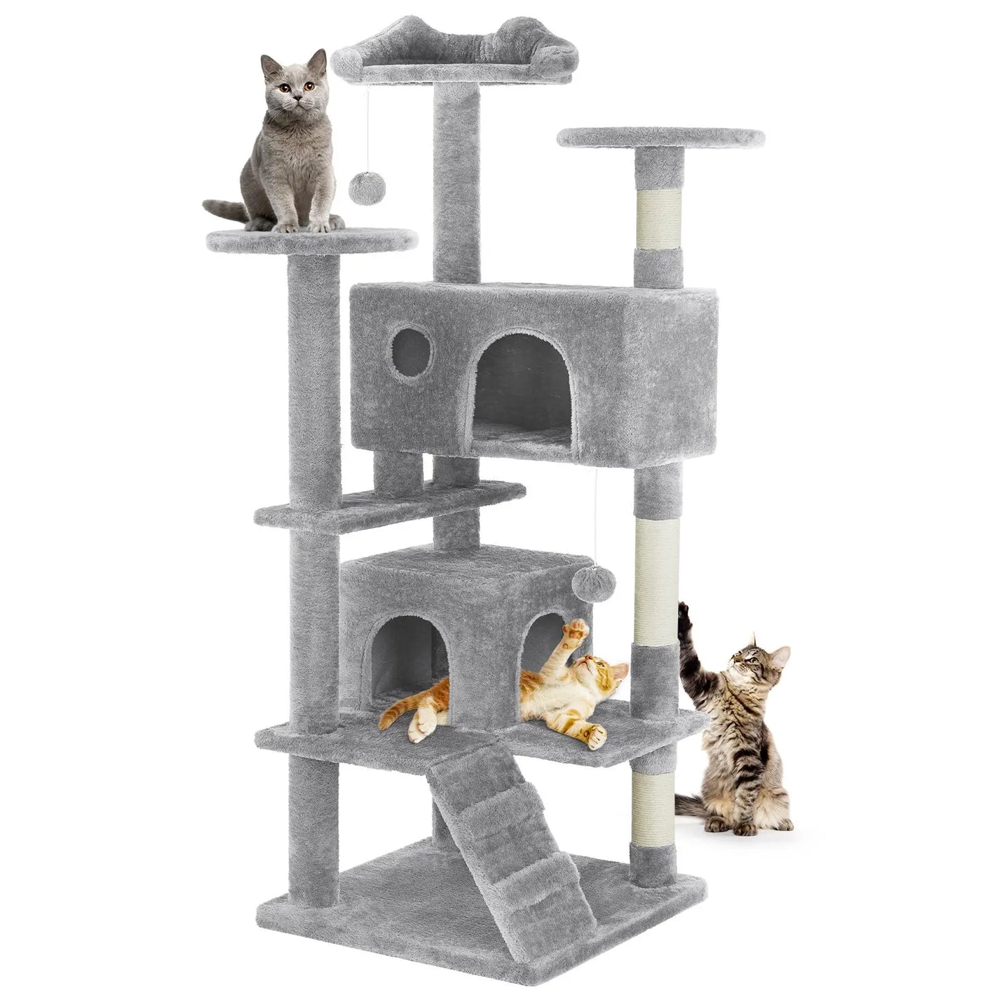 Cat Tree Tower for Indoor Cats, 54In Tall Multi-Level Pet Furniture, Stable Kitty Play House with Sisal Scratching Post, Large Condo, Climbing Ladder, Plush Toy for Kitten Cat Treehouse
