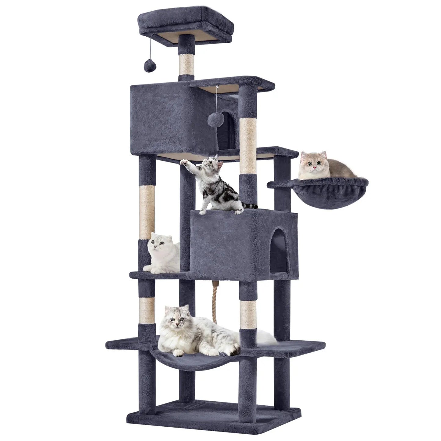 Cat Tree Tower for Indoor Cats, 54In Tall Multi-Level Pet Furniture, Stable Kitty Play House with Sisal Scratching Post, Large Condo, Climbing Ladder, Plush Toy for Kitten Cat Treehouse
