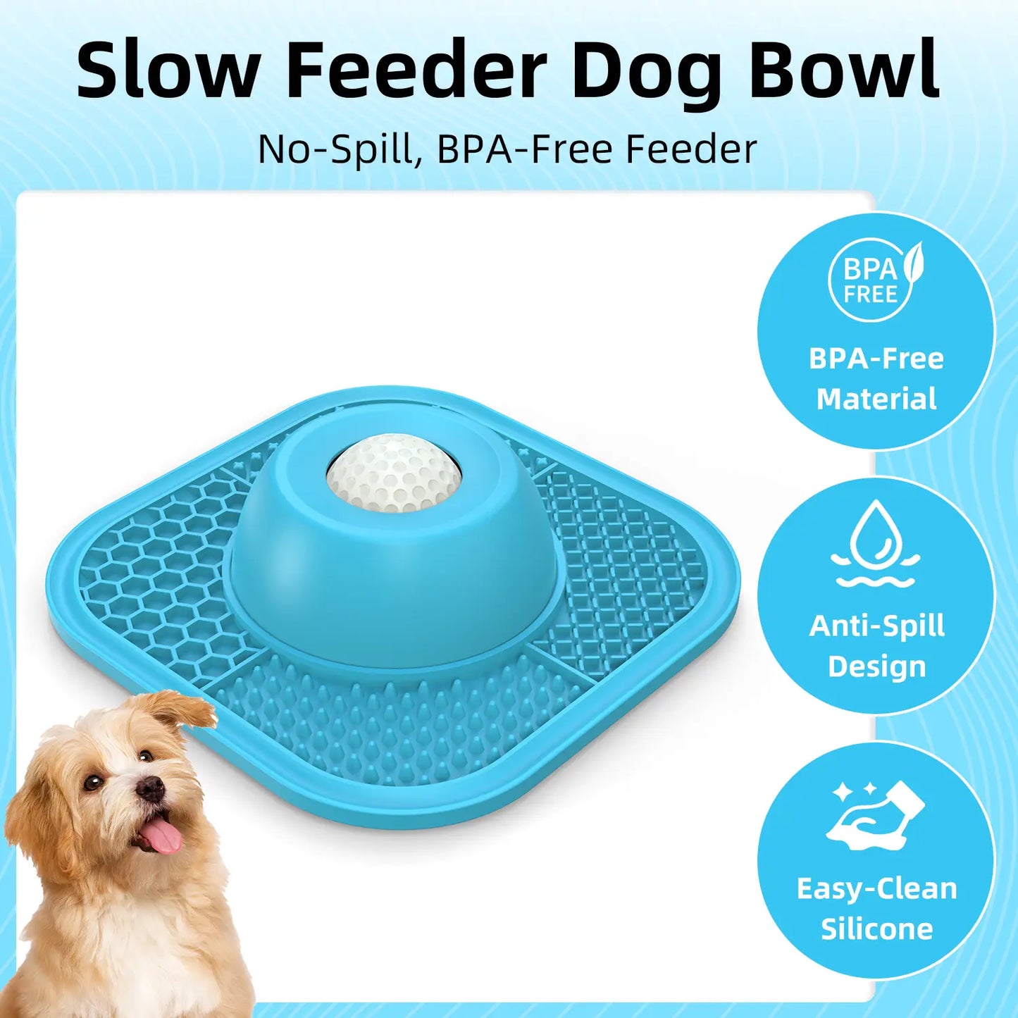 PLOSIF Slow Feeder Dog Bowl for Liquid Treat with Entertained Ball, Dog Feeder Bowl with Slow Feeder Mat, Dog Feeder Lick Bowl for Bone Broth and Yogurt for Large Medium Small Breeds Dietary Supplement/Post-Op Nutrition, Blue