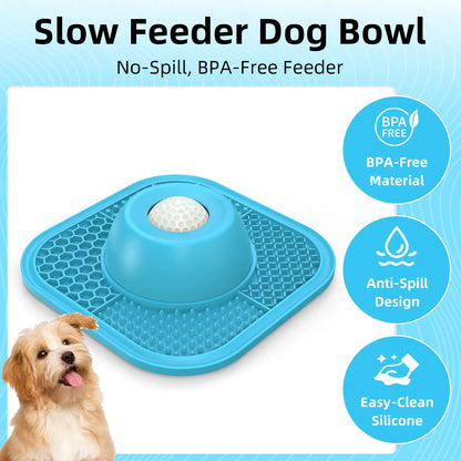 PLOSIF Slow Feeder Dog Bowl for Liquid Treat with Entertained Ball, Dog Feeder Bowl with Slow Feeder Mat, Dog Feeder Lick Bowl for Bone Broth and Yogurt for Large Medium Small Breeds Dietary Supplement/Post-Op Nutrition, Blue