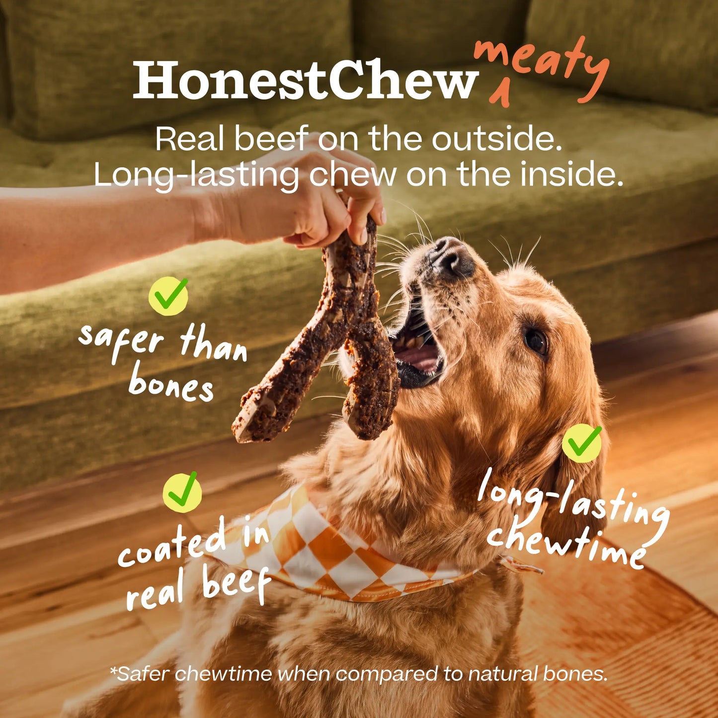 WOOF Honestchew Meaty Antler or Y Shaped Dog Chews - Made with Real Beef Outer Layer and Natural, Plant-Based Ingredients Core - Splinter-Resistant - Safer than Rawhide and Dog Bones