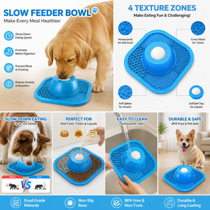 PLOSIF Slow Feeder Dog Bowl for Liquid Treat with Entertained Ball, Dog Feeder Bowl with Slow Feeder Mat, Dog Feeder Lick Bowl for Bone Broth and Yogurt for Large Medium Small Breeds Dietary Supplement/Post-Op Nutrition, Blue