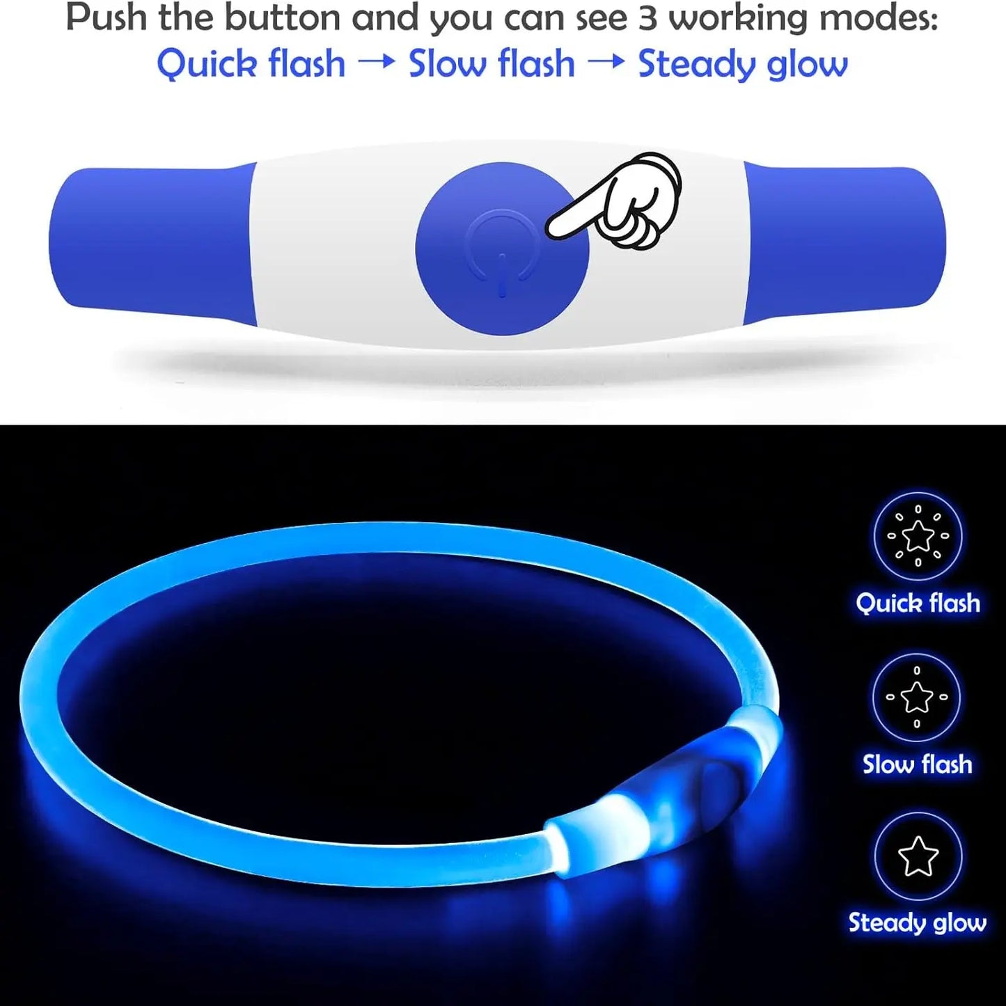 Led Dog Collar, USB Rechargeable Flash Dog Necklace Light, Pet Safety Collar Makes Your Beloved Dogs Be Seen at Night for Small Medium Large Dogs(Red/Blue)