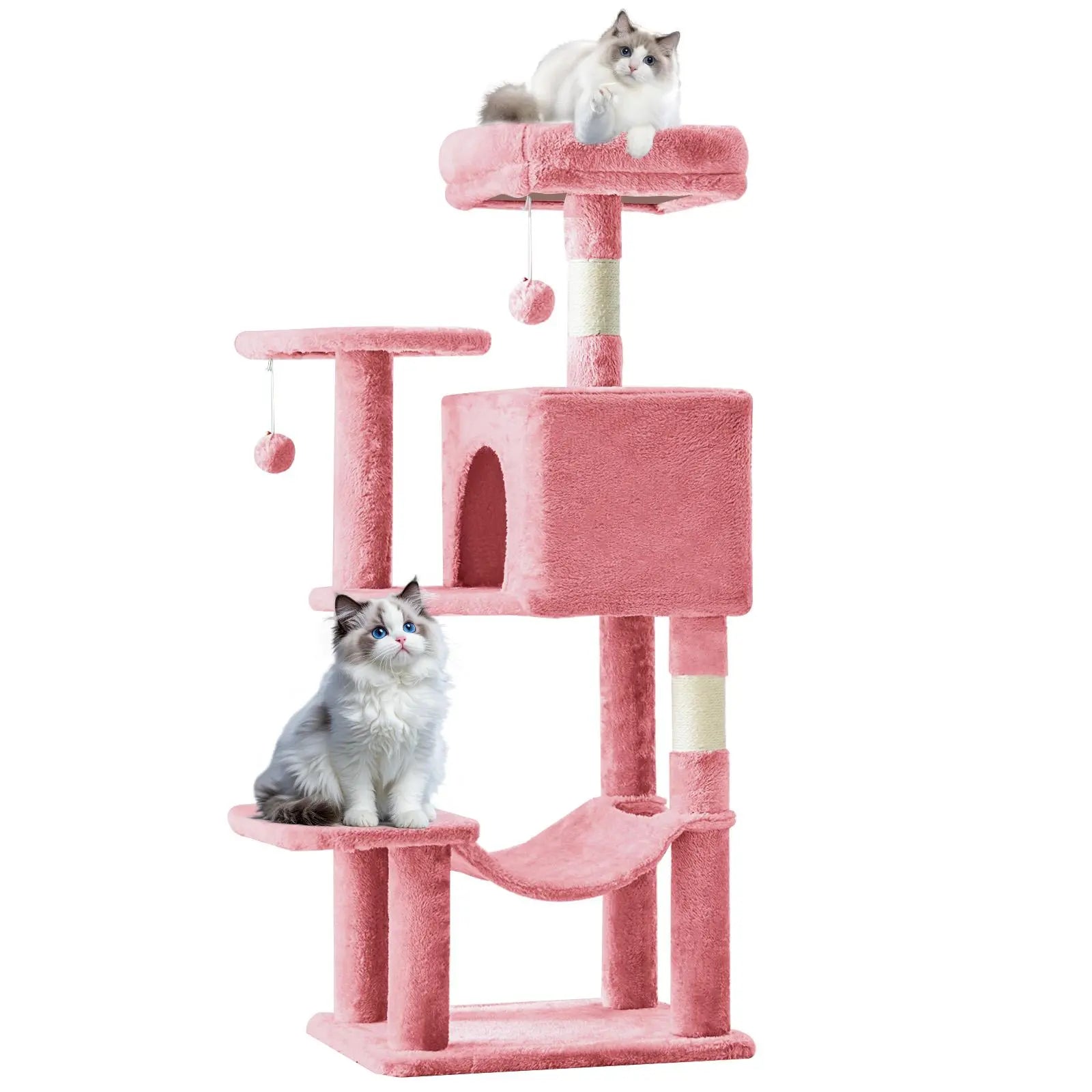 Cat Tree Tower for Indoor Cats, 54In Tall Multi-Level Pet Furniture, Stable Kitty Play House with Sisal Scratching Post, Large Condo, Climbing Ladder, Plush Toy for Kitten Cat Treehouse