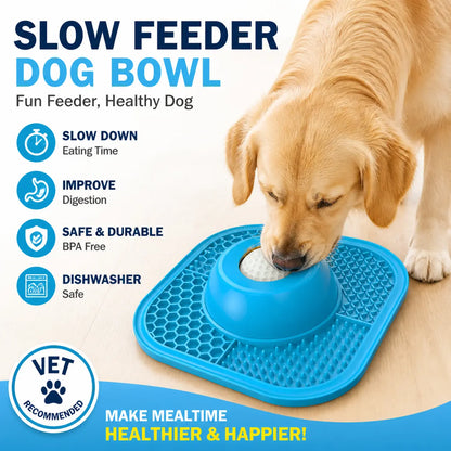 PLOSIF Slow Feeder Dog Bowl for Liquid Treat with Entertained Ball, Dog Feeder Bowl with Slow Feeder Mat, Dog Feeder Lick Bowl for Bone Broth and Yogurt for Large Medium Small Breeds Dietary Supplement/Post-Op Nutrition, Blue