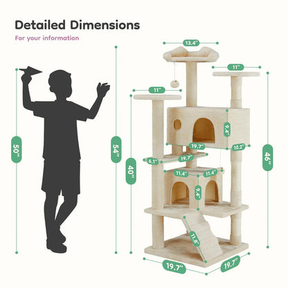 Cat Tree Tower for Indoor Cats, 54In Tall Multi-Level Pet Furniture, Stable Kitty Play House with Sisal Scratching Post, Large Condo, Climbing Ladder, Plush Toy for Kitten Cat Treehouse
