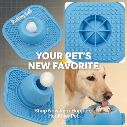 PLOSIF Slow Feeder Dog Bowl for Liquid Treat with Entertained Ball, Dog Feeder Bowl with Slow Feeder Mat, Dog Feeder Lick Bowl for Bone Broth and Yogurt for Large Medium Small Breeds Dietary Supplement/Post-Op Nutrition, Blue