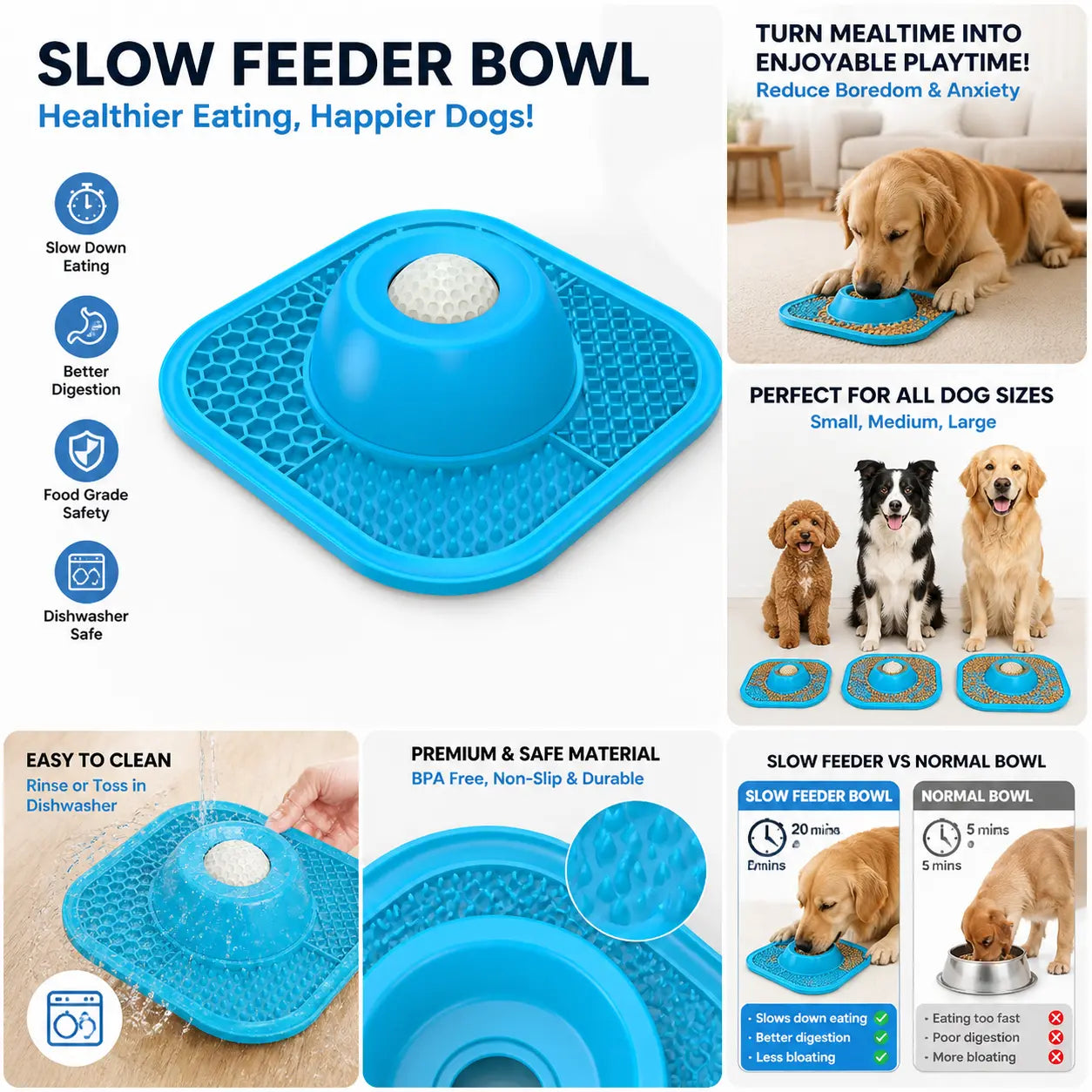 PLOSIF Slow Feeder Dog Bowl for Liquid Treat with Entertained Ball, Dog Feeder Bowl with Slow Feeder Mat, Dog Feeder Lick Bowl for Bone Broth and Yogurt for Large Medium Small Breeds Dietary Supplement/Post-Op Nutrition, Blue